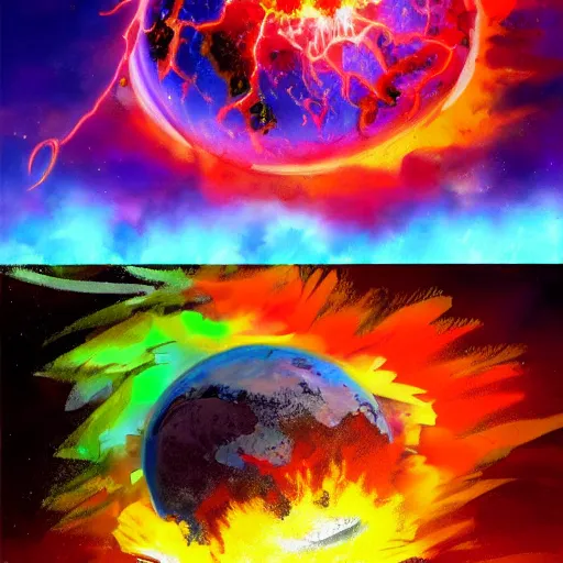 Image similar to Concept art for the earth exploding. Trending on art station, bright colors.