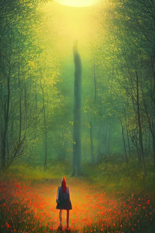 Image similar to giant daisy flower head, girl walking in a green forest, surreal photography, sunrise, dramatic light, impressionist painting, colorful clouds, digital painting, artstation, simon stalenhag