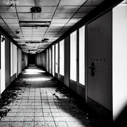 Prompt: An abandoned hospital at night, horror elements, dark ambiance, film grain, 4k.