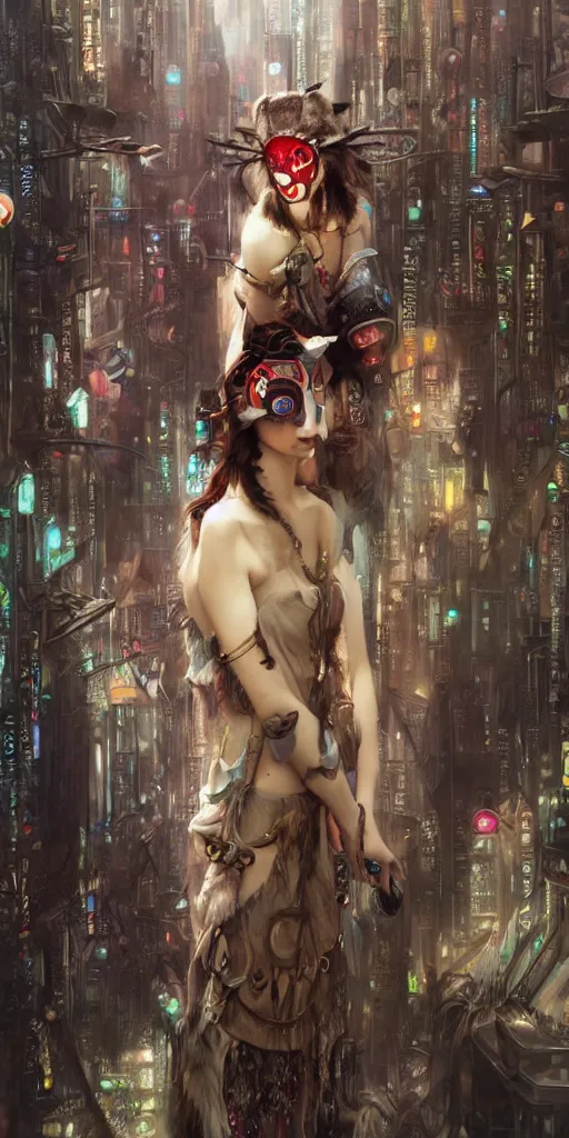 Image similar to hyper realistic Princess Mononoke with her mask, busy cyberpunk metropolis, city landscape, jewels, style of tom bagshaw, mucha, james gurney, norman rockwell, denoised, sharp