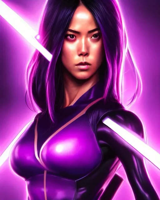 Image similar to Psylocke, Chloe Bennet, long black hair, purple Halo energy sword, realistic character concept, action pose, comic book, illustration, slender symmetrical face and body, artstation, cinematic lighting, hyperdetailed, artgerm, 8k, Rafeal Albuquerque comic book art, single face, insanely detailed and intricate, beautiful