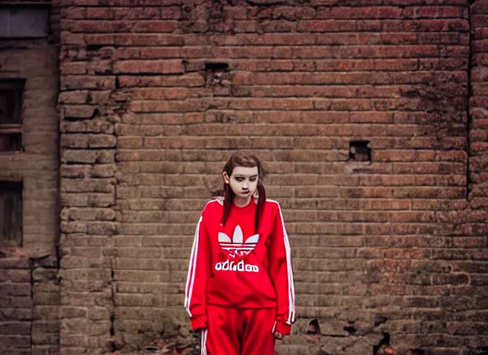 Image similar to beautiful 2 0 years old female gopnik in red adidas sport costume, soviet yard, typical russian atmosphere, symmetrical, cinematic, real photography