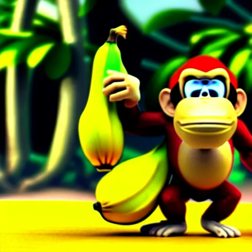 Image similar to Donkey Kong stepping on a banana. The banana is on the ground, Donkey Kong is above the banana. 3D render