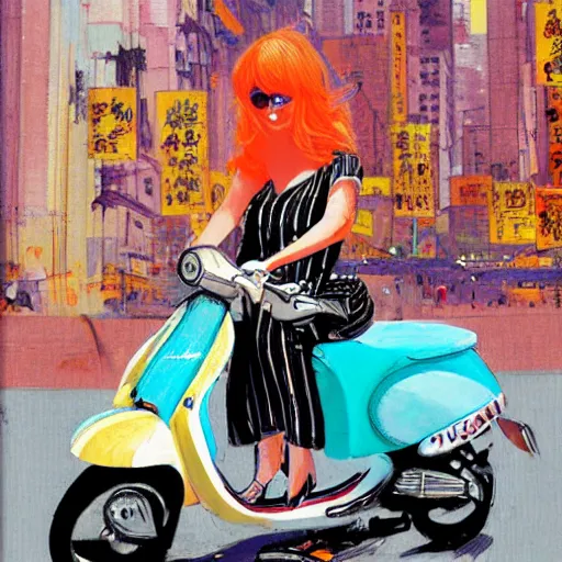 Image similar to the orange - haired vespa queen in hong kong, by amiet kuno