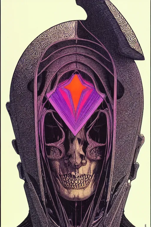 Prompt: portrait of black and psychedelic grainshading print by moebius, richard corben, wayne barlowe, cyberpunk comic cover art, psychedelic triangular skeleton, very intricate, thick outline, full body, symmetrical face, long black crown, in a shapes background, galactic dark colors