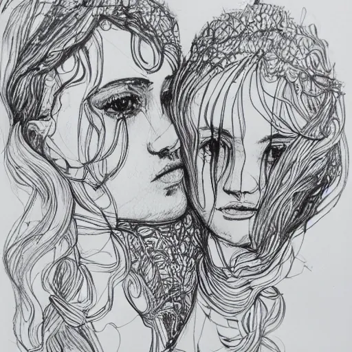 Prompt: lovers, detailed intricate sketch, 4k, illustration, cross hatched, black ink on white paper