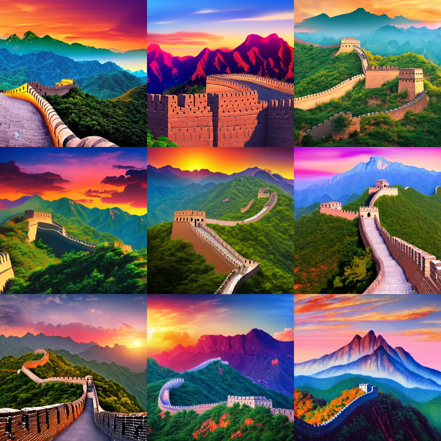 Prompt: a great wall with a sunset view of mountains in the background, a detailed matte painting by ma quan, shutterstock contest winner, cloisonnism, creative commons attribution, matte painting, photo taken with ektachrome