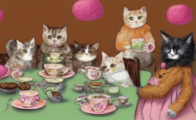 Prompt: A tea party with cats and birds, pastel illustration, artstation