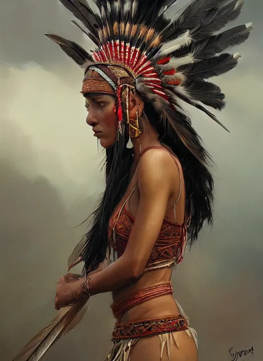 Image similar to gorgeous redskin woman wearing headdress, intricate, elegant, highly detailed, artstation, concept art, smooth, sharp focus, illustration, art by stefan kostic and greg rutkowski