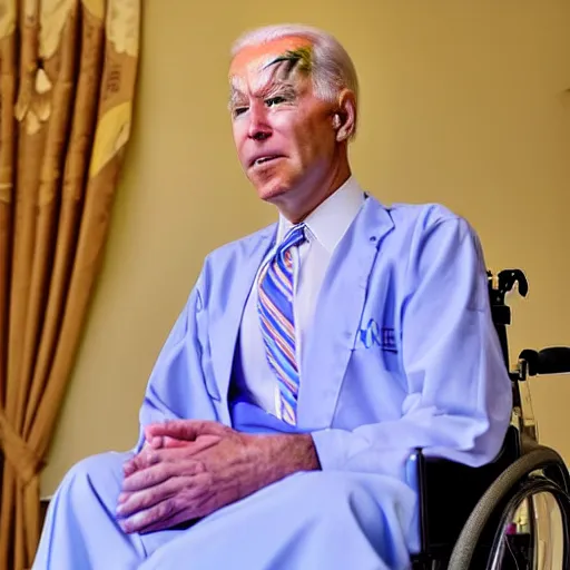 Image similar to a professional atmospheric film like 35mm photograph of Joe Biden wearing a garish hospital gown is drooling with late stage Dementia in a wheelchair at a disgusting run-down senior citizen rest home, there is full bedpan next to him