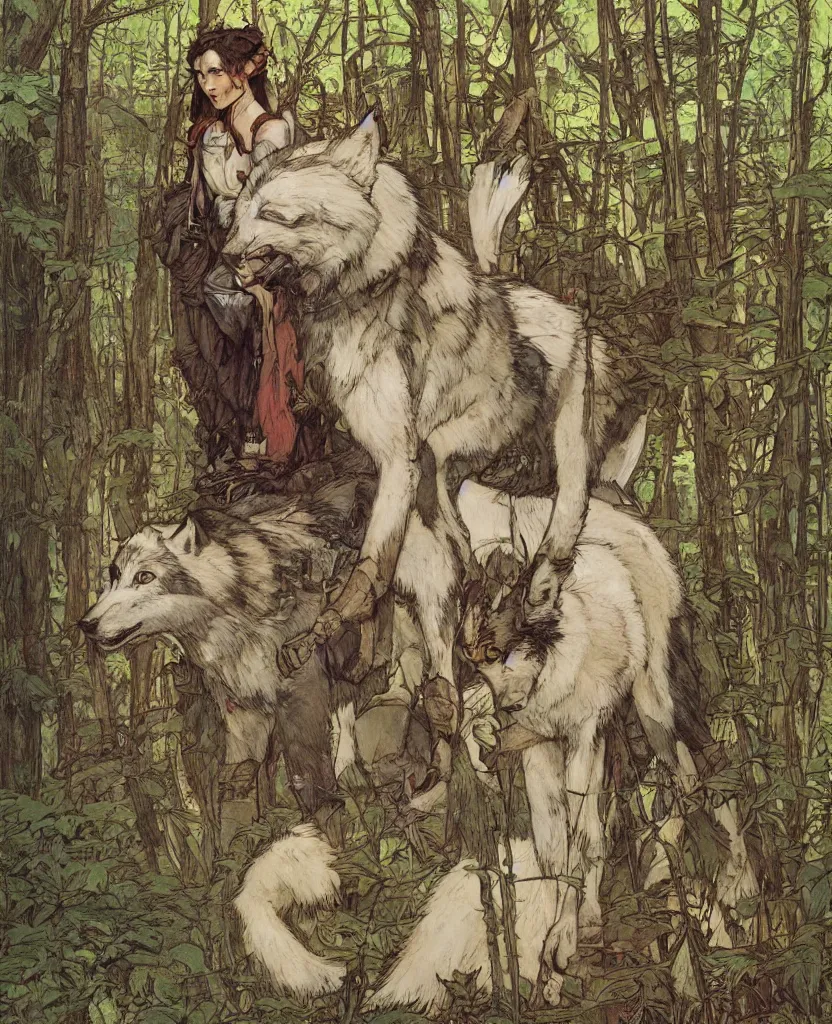 Image similar to portrait of Princess Mononoke, wolves, fully clothed in armor, lush forest, neon, concept art, schematics, painted by norman rockwell, mucha, james gurney, high detail, denoised, sharp, architectural