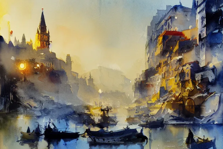 Image similar to small centered on watercolor paper, paint brush strokes, abstract watercolor painting of porto palace, cinematic light, national romanticism by hans dahl, by jesper ejsing, by anders zorn, by greg rutkowski, by greg manchess, by tyler edlin