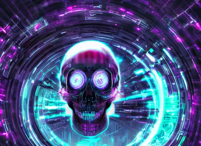 Image similar to a futuristic skull with glowing eyes and a wormhole tunnel, cyberpunk art by james jean, behance contest winner, computer art, darksynth, synthwave, rendered in cinema 4 d