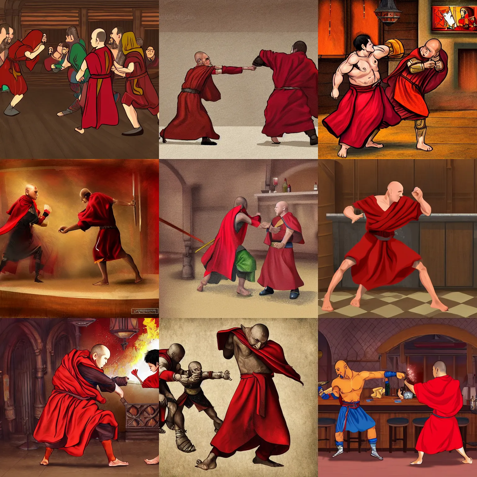 Prompt: A small monk with a red cloak punching a large knight in his stomach in the middle of a bar brawl, digital art, realistic