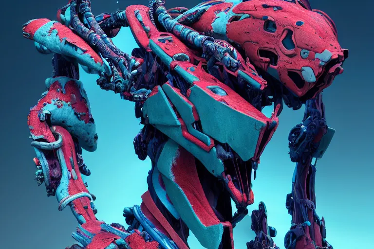 Prompt: portrait of a posed hyper detailed cyan bristleback evangelion realistic mechanical and fleshy organic creature similar look as horizon forbidden west horizon zero dawn bioluminiscence in a dark deep forest at dawn in spring, with reflection and textures, by kilian eng, substance painter reaslitic mech surface metal painted scratches