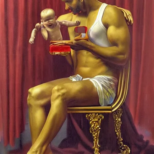 Image similar to hyperrealism oil painting of a baby giving blood to a handsome man, strong jaw, symmetrical, sitting in a gilded throne, tubes coming out of the man's arm, getting a blood transfusion. in the style of realism mixed with japanese book art and art deco. detailed. beautiful