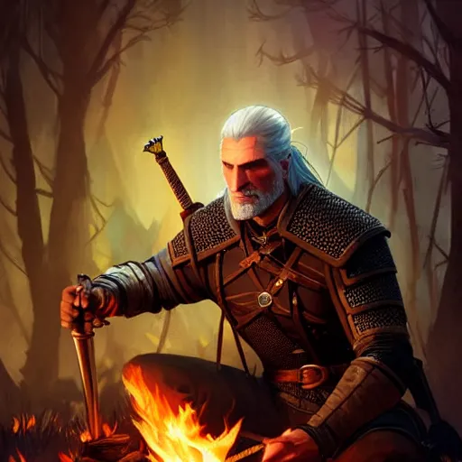 Prompt: geralt the witcher 3 sitting in front of a campfire at night alone warmth d & d fantasy intricate elegant highly detailed digital painting artstation concept art matte sharp focus illustration hearthstone art by artgerm art by greg rutkowski art by alphonse mucha
