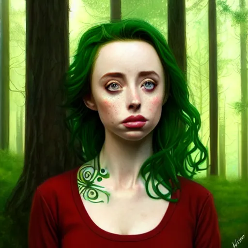 Image similar to realistic character concept, gorgeous Kacey Rohl, red hair, small freckles, symmetrical face, symmetrical eyes, green dress, forest, trees, shorter neck, cinematic lighting, artgerm, Joshua Middleton, Adreas Rocha, beautiful