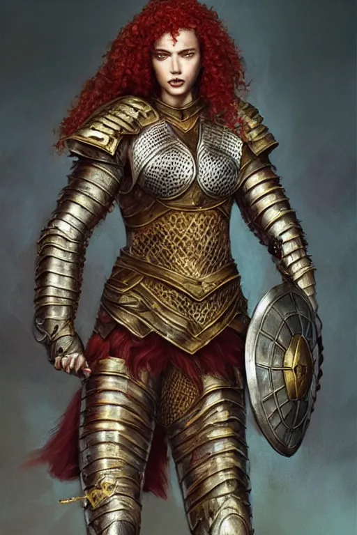 Image similar to full body portrait of a rugged female warrior short length red curly hair and a very highly detailed face wearing elegant obsidian, sliver and gold plate mail armor intricately painted, holding a circular shield and an ancient long sword, very highly detailed, artstation, cgsociety, realistic character concept art, sharp focus, by greg rutkowski, artgerm, and alphonse mucha