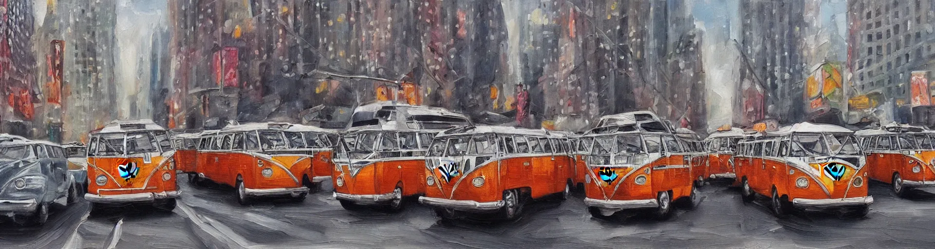 Image similar to a detailed oil painting of vw buses in new york city