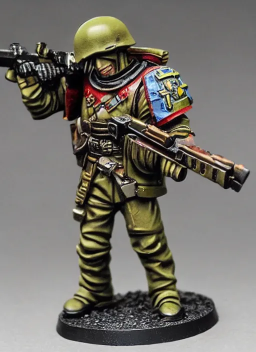 Prompt: 8 0 mm resin detailed miniature of a warhammer 4 0 k wounded catachan soldier, carrying huge sniper, product introduction photos, 4 k, full body