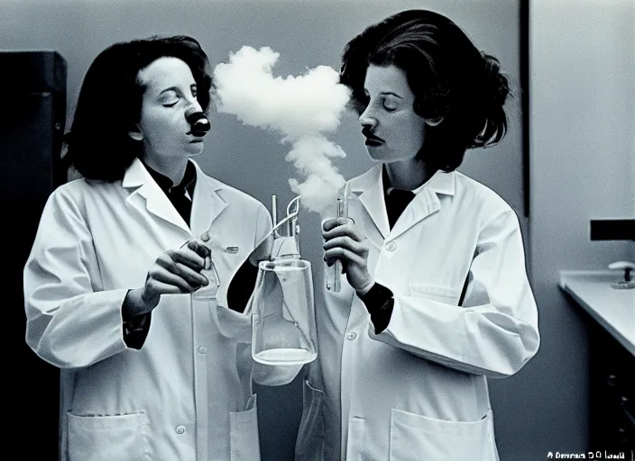 Image similar to realistic photo two female scientists doing an experiment with a cloud 1 9 9 0, life magazine reportage photo