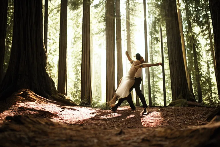 Image similar to cinematography closeup portrait of couple dancing in the redwood forest, thin flowing fabric, natural light by Emmanuel Lubezki