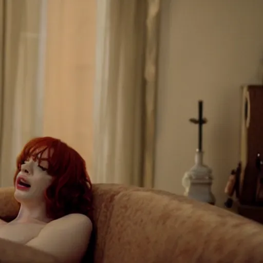 Image similar to amazing beautiful Christina Hendricks with mouth wide open in the living room, film still from the movie directed by Denis Villeneuve , wide lens