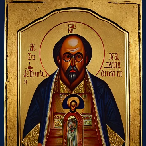 Prompt: An orthodox icon representing Danny DeVito, museum catalog, high detail