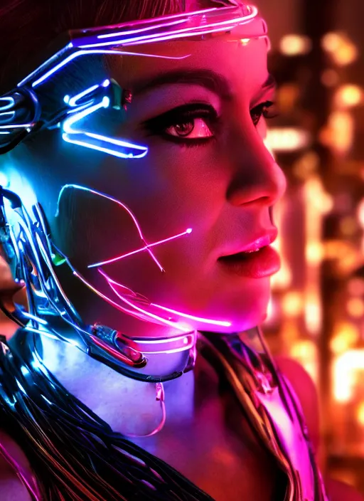 Image similar to a 3 5 mm photo of a cybernetic woman with led lights and neon with chrome details, splash art, movie still, bokeh, canon 5 0 mm, cinematic lighting, dramatic, afrofuturism, film, photography, golden hour, depth of field, award - winning, anamorphic lens flare, 8 k, hyper detailed, 3 5 mm film grain