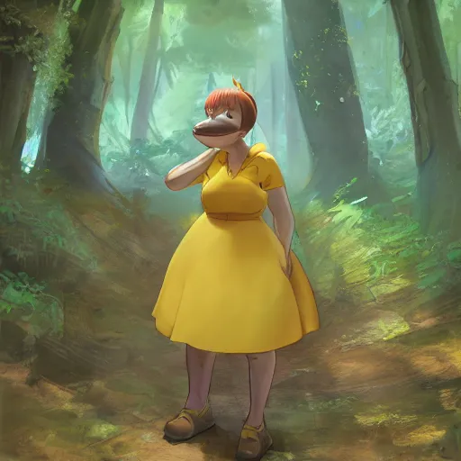 Image similar to concept art painting of an anthropomorphic chubby doe wearing yellow dress, in the deep forest, realistic, detailed, cel shaded, in the style of makoto shinkai and greg rutkowski and james gurney