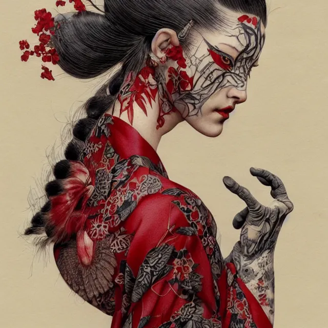 Image similar to ultra realistic illustration, beautiful woman dressed in red kimono, backview, tattoos, in the style of gerald brom by weta digital and beth cavener, high face symmetry, intricate, masterpiece, award winning, high face symmetry, intricate