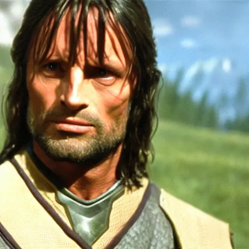 Image similar to A still of Aragorn on Star Trek: The Original Series, red shirt, sharp focus, high quality, very realistic, 4k