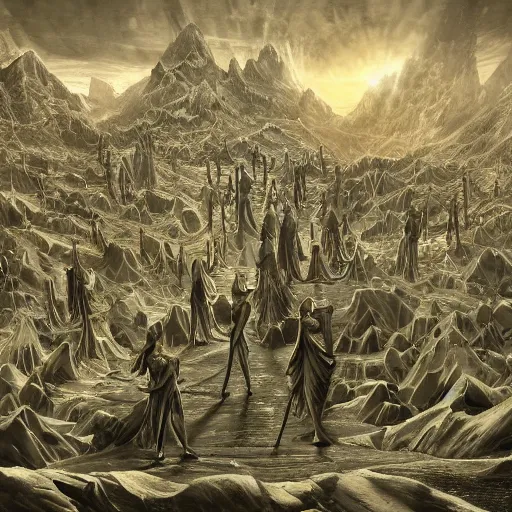 Prompt: future disciples of Pythagoras, in perfect frozen symmetrical world, sinner cataclysm, dynamic lighting, deus ex machina, primeval duality, cinematic, establishing shot, extremely high detail, photo realistic, cinematic lighting, oil painting, intricate line drawings