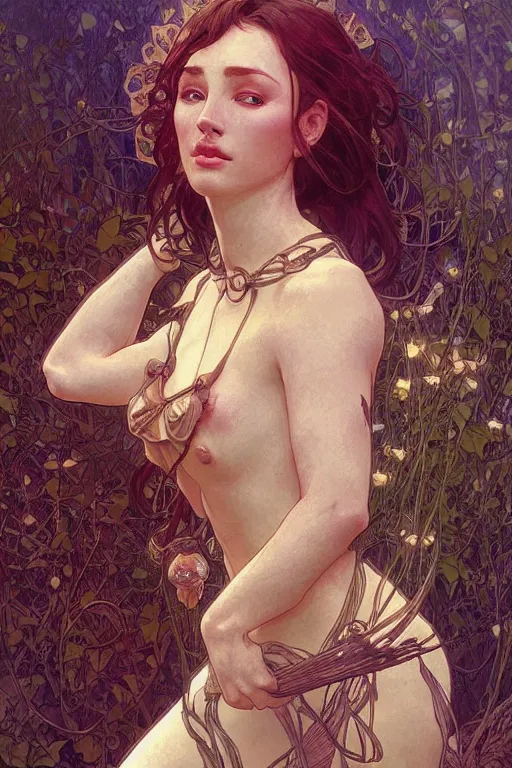 Image similar to beautiful natural coy cottagecore goddess maiden, master drawing, intricate, elegant, highly detailed, digital painting, artstation, concept art, smooth, sharp focus, illustration, art alphonse mucha and james gurney and craig mullins and wlop