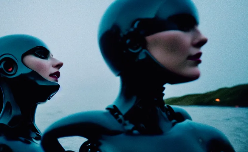 Prompt: cinestill 5 0 d candid action photographic portrait by stanley kubrick of two loving female androids wearing rugged black mesh techwear in treacherous waters, extreme closeup, modern cyberpunk retrofuturism moody emotional cinematic, pouring iridescent rain, 8 k, hd, high resolution, 3 5 mm, f / 3 2, motion blur, ultra realistic faces, ex machina