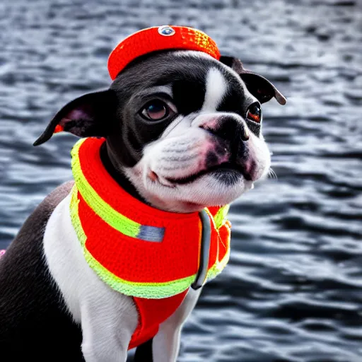 Image similar to a closeup photorealistic photograph of a cute smiling knitted boston terrier dog dressed in a life vest on a pontoon boat. professional capture, well lit shot. this 4 k hd image is trending on artstation, featured on behance, well - rendered, extra crisp, features intricate detail, epic composition and the style of unreal engine.