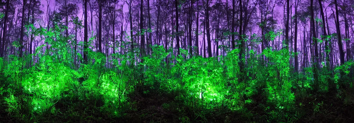 Image similar to a forest with glowing plants, magical, starts visible in the sky, wide shot, dramatic lighting