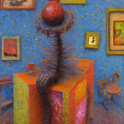 Image similar to a detailed impasto painting by shaun tan and dr seuss of an abstract forgotten sculpture by the caretaker and ivan seal