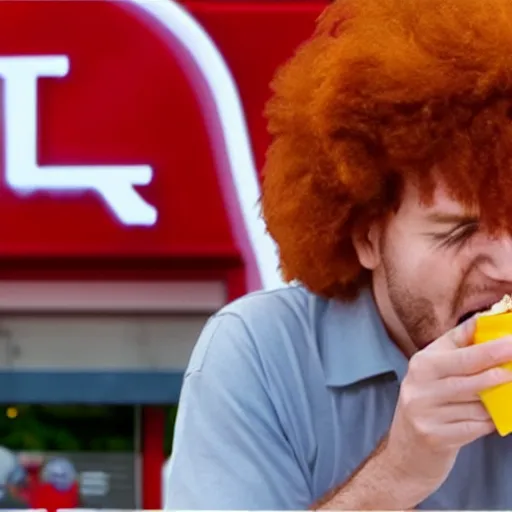 Prompt: A still of Ronald McDonald eating at KFC, 4k, photograph, ultra realistic, highly detailed, studio lighting