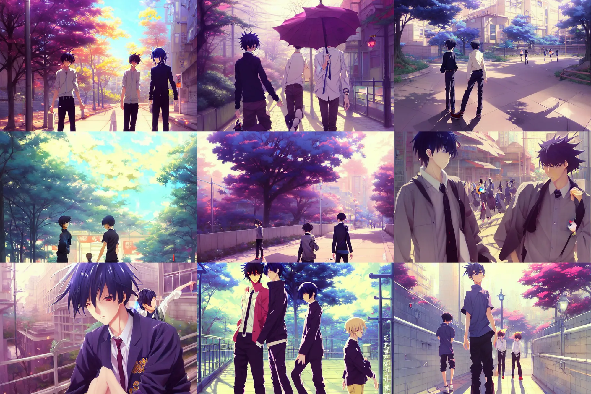 Prompt: boy's love anime high school noon city setting, high detail concept art, perfect proportions fine face, athletic tall handsome guys, close together romantic undertones, avant designer uniform, vivid colors, realistic shaded lighting poster fantasy art kazue kato, katsuhiro, jeremy lipking and michael germash, makoto shinkai, loish and clamp style, best selling artist