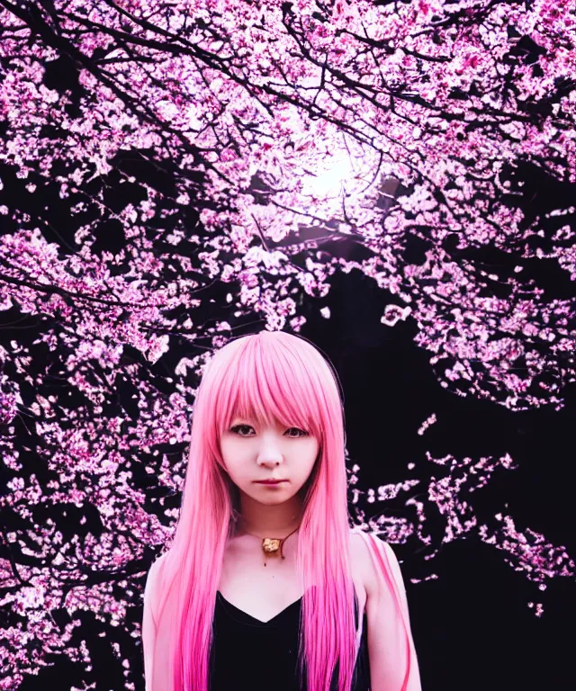 Prompt: anime girl, light pink hair with pink flames, video game, cherry blossoms, neo tokyo, portrait, perfectly symmetrical, 5 0 mm