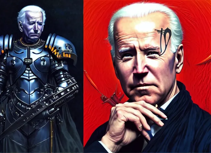 Image similar to portrait of joe biden goth cyborg with white hair in warhammer armor, art by kuvshinov ilya and wayne barlowe and gustav klimt and artgerm and wlop and william - adolphe bouguereau