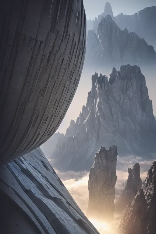 Image similar to sci - fi concrete brutalist architecture in the italian dolomites, zaha hadid, beksinski, photoreal, highly detailed, 8 k, hd, vray, artstation, trending on behance, cinematic matte painting, extreme detail photo quality, sunrays, sunset, featured on behance