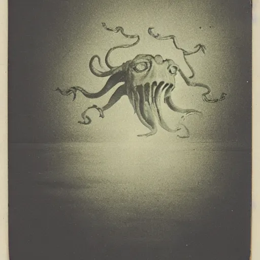 Image similar to a daguerreotype of cthulhu rising from the ocean