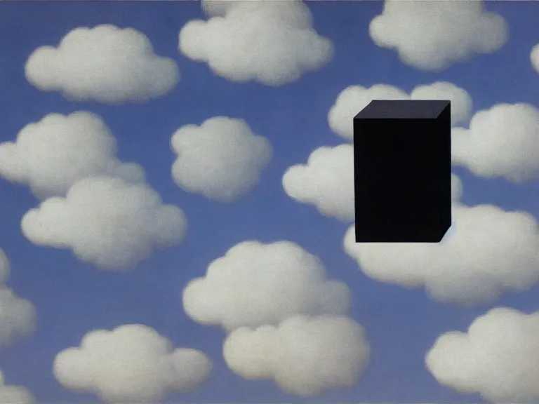 Image similar to hypercube in front of a cloudy sky and black floor painting by rene magritte, high detail, high resolution