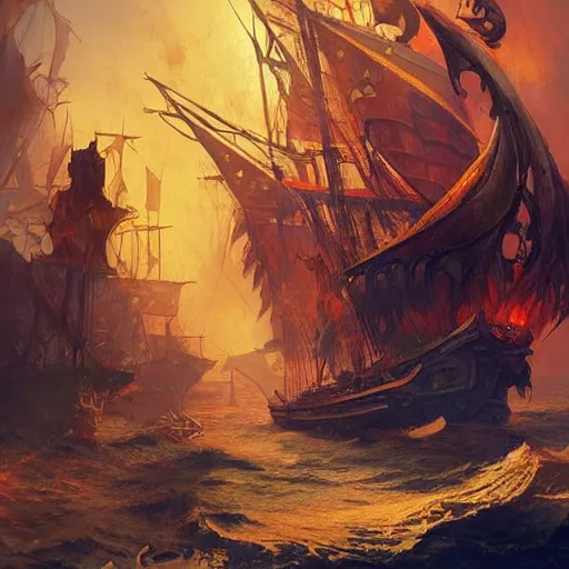 Image similar to !! pirate ship on fire!! d & d fantasy intricate elegant highly detailed digital painting artstation concept art matte sharp focus illustration hearthstone art by artgerm art by greg rutkowski art by alphonse mucha