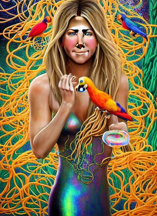 Image similar to hyper detailed 3d render like a Oil painting - Jennifer Anniston with blonde hair in thick mascara seen seriously making soap bubbles and Eating of the Strangling network of spaghetti and exotic colorful trees and Her delicate Hands hold of orange parrots bring iridescent luminescent trees whose blossoms black the intelligent stars by Jacek Yerka, Mariusz Lewandowski, Houdini algorithmic generative render, Abstract brush strokes, Masterpiece, Edward Hopper and James Gilleard, Zdzislaw Beksinski, Mark Ryden, Wolfgang Lettl, Dan Hiller, hints of Yayoi Kasuma, octane render, 8k