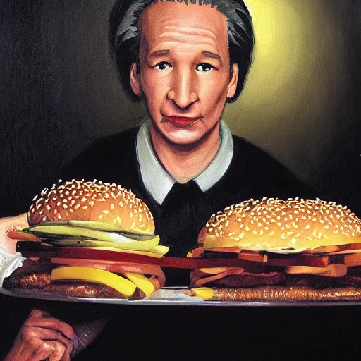 Prompt: surreal grotesque kitsch low-brow portrait of Bill Maher emerging from deep shadows eating hamburgers, extra onions and ketchup, luscious patty with sesame seeds, figure in the darkness, serving big macs, french fry pattern ambience, Francisco Goya, painted by John Singer Sargant, Adrian Ghenie, style of Francis Bacon, highly detailed, 8k, trending on artstation