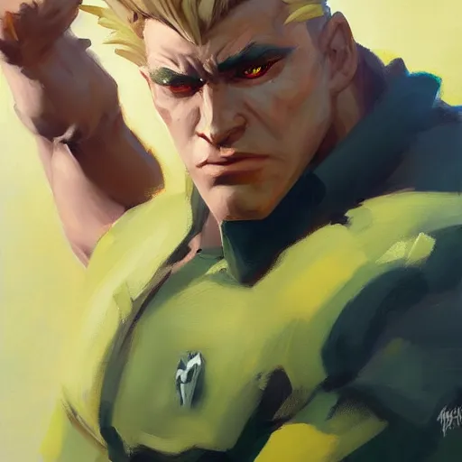 Image similar to greg manchess portrait painting of guile from street fighter as overwatch character, medium shot, asymmetrical, profile picture, organic painting, sunny day, matte painting, bold shapes, hard edges, street art, trending on artstation, by huang guangjian and gil elvgren and ross tran